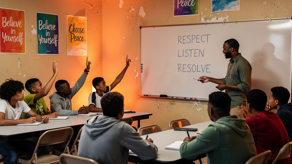 Youth life skills workshop in session — Black moderator leads Black teens in conflict resolution discussion